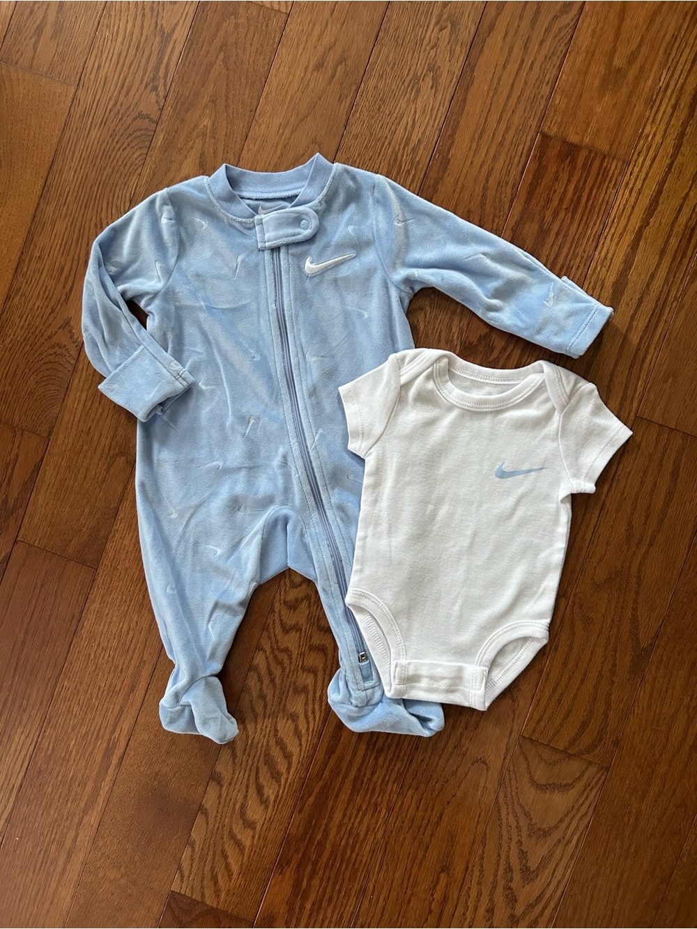 Nike Light Blue Footed Sleeper Pajamas with White Short-Sleeve Bodysuit Set 3M